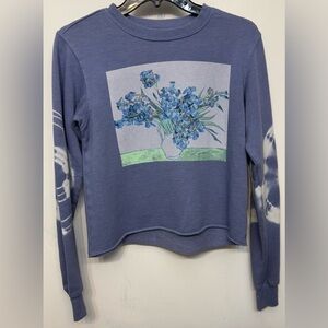 Mighty Fine Blue Floral &Tie Dye Design Crop Pullover Crewneck Sweatshirt XS